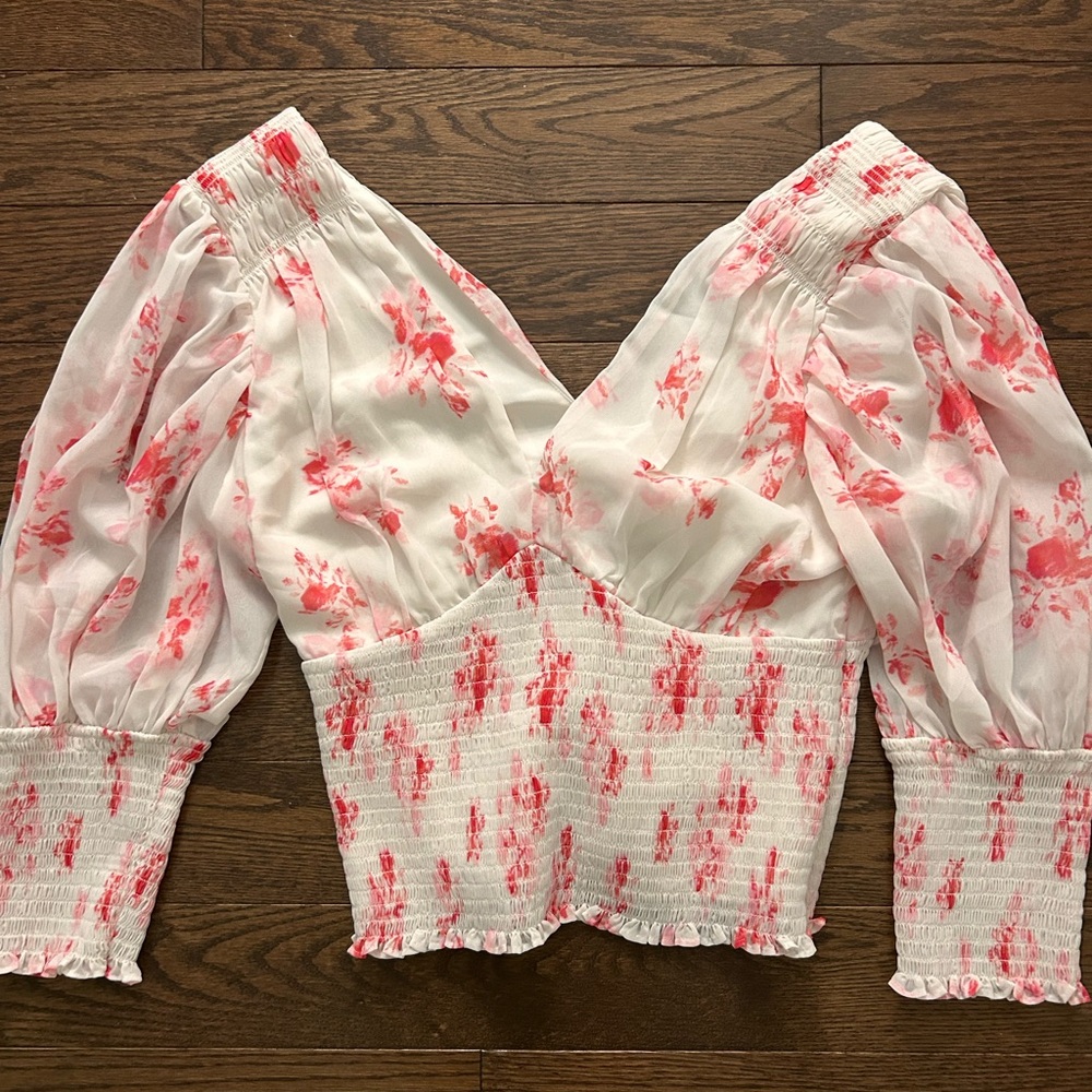 Self-Portrait White and Pink Floral Off-Shoulder Smocked Top